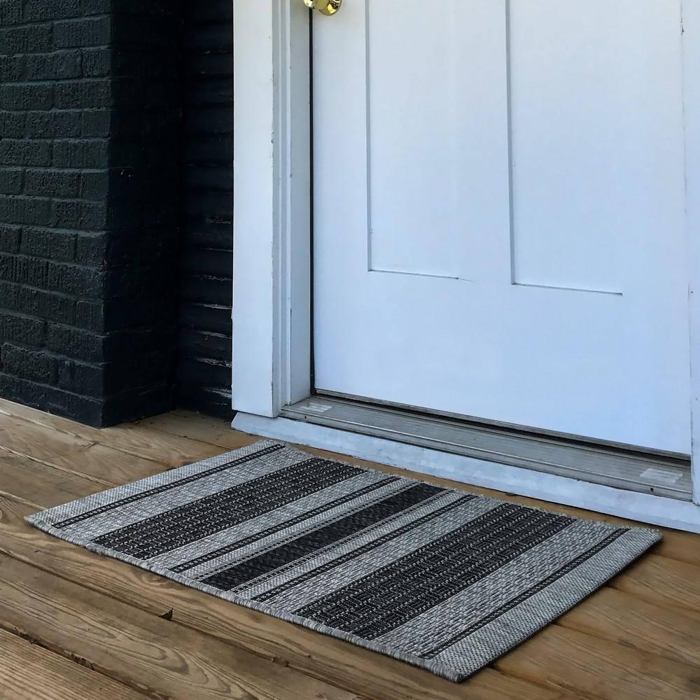 Silveria Patio Gray/Black 1 ft. 10 in. x 3 ft. Modern Distress Striped Indoor/Outdoor Rectangle Area Rug
