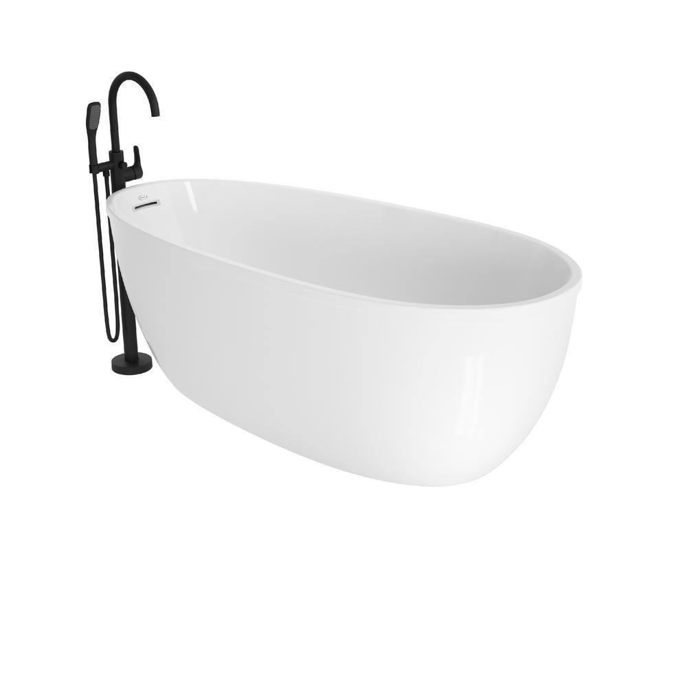STRETTO 6732 Acrylic Freestanding Soaking Bath Univ End Drain White/White With NW50827 Round Tub Filler Chrome