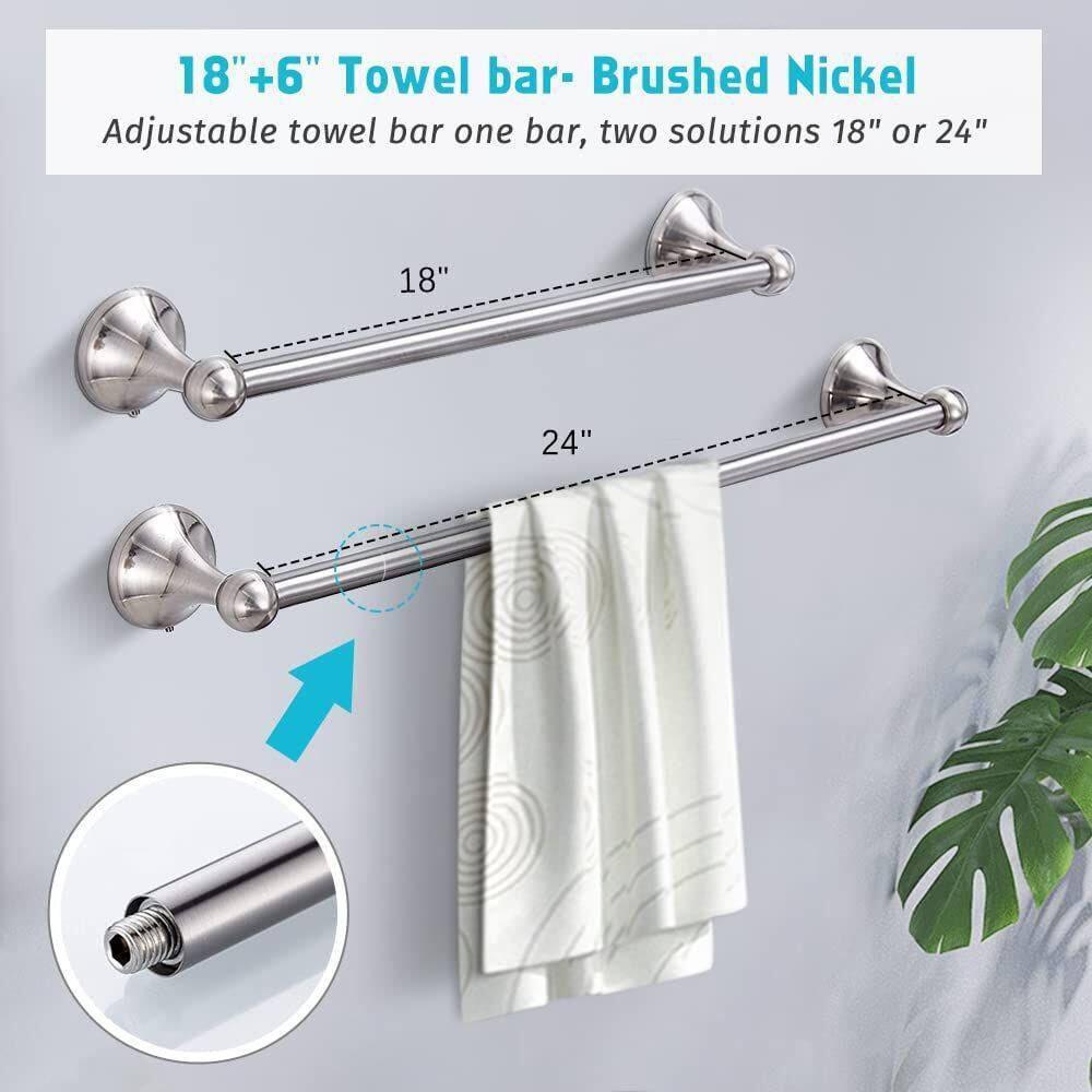 4 Piece Bathroom Accessory Set(Adjustable Towel Bar, Towel Ring, Toilet Paper Holder,Towel Hook), Wall Mounted Bathroom Hardware Accessories Set,Brushed Nickel