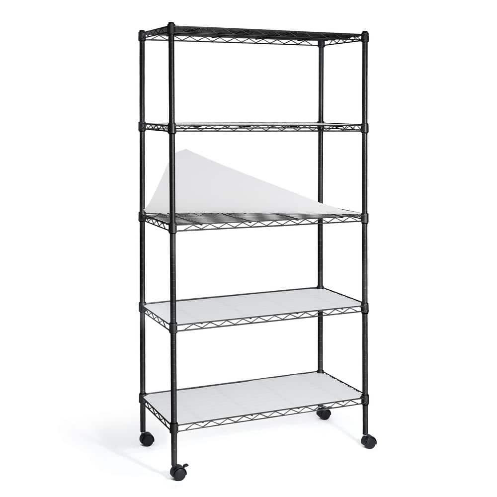 CAPHAUS NSF Adjustable Shelves Metal Wire Shelving Unit w/ Liners, Kitchen Storage Shelving, Metal Steel Storage Shelving, Garage Shelving Storage Organizer, Utility Shelf, 5-Tier W/ Wheels, Black
