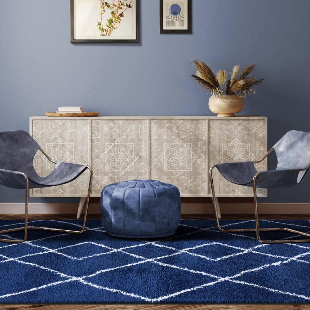 Geometric Diamonds Boho Shag Indoor Tassel Area Rug, Cream/Blue, 8' x 10'