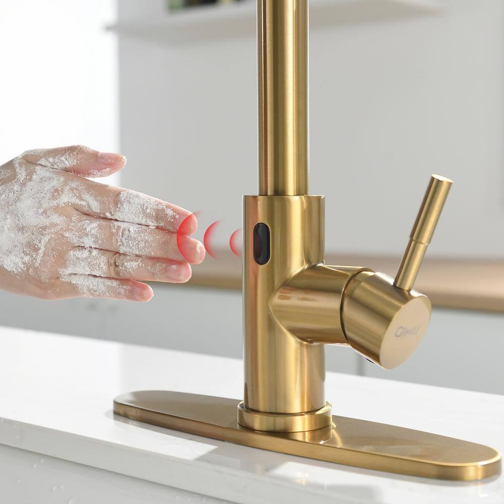 Fapully Touchless Kitchen Faucet with Pull Down Sprayer, Brushed Gold Motion Sensor Smart Commercial Single Handle Single Hole Faucet for Kitchen Sink