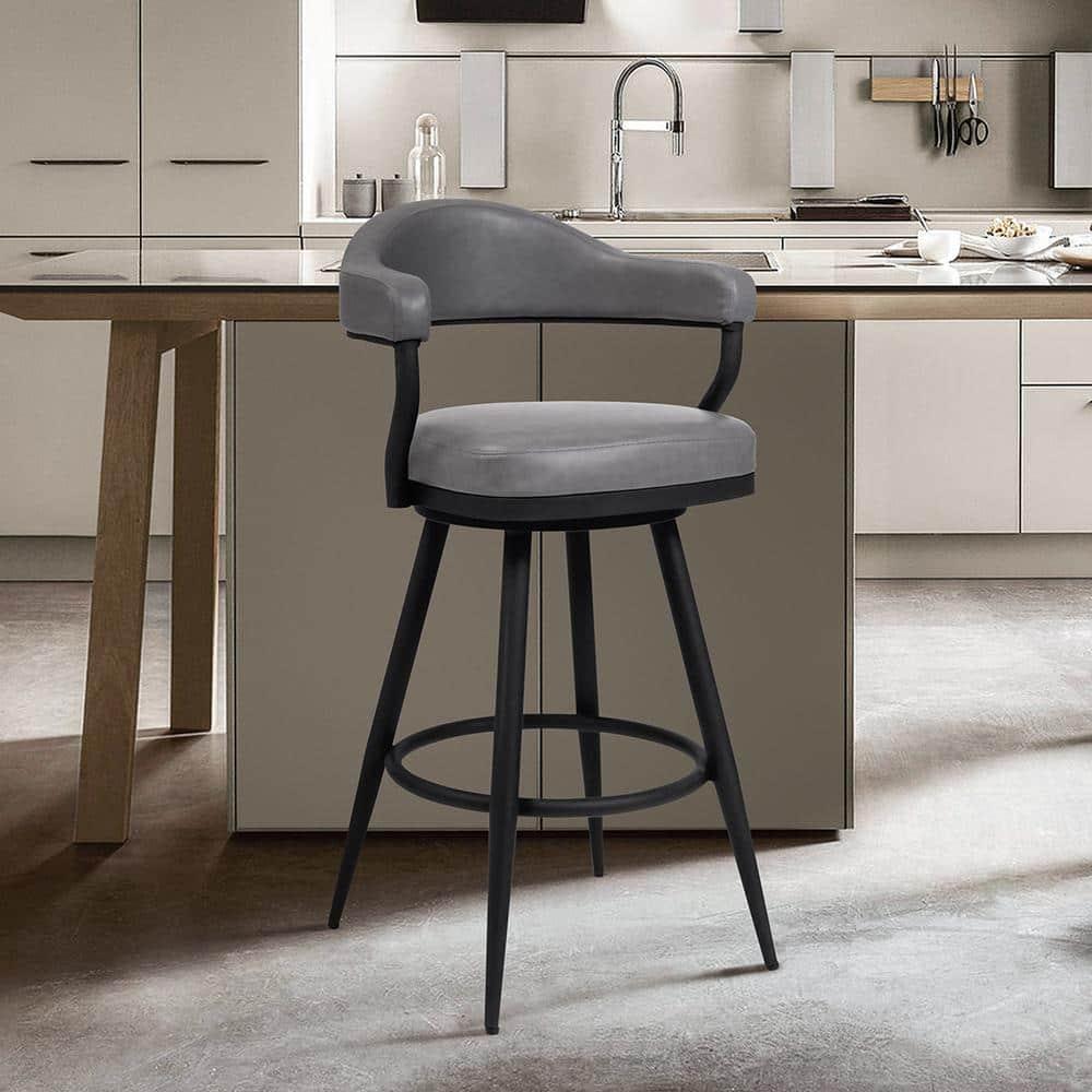Armen Living Indoor Amador 30" Bar Height Barstool in a Black Powder Coated Finish and Vintage Gray Faux Leather