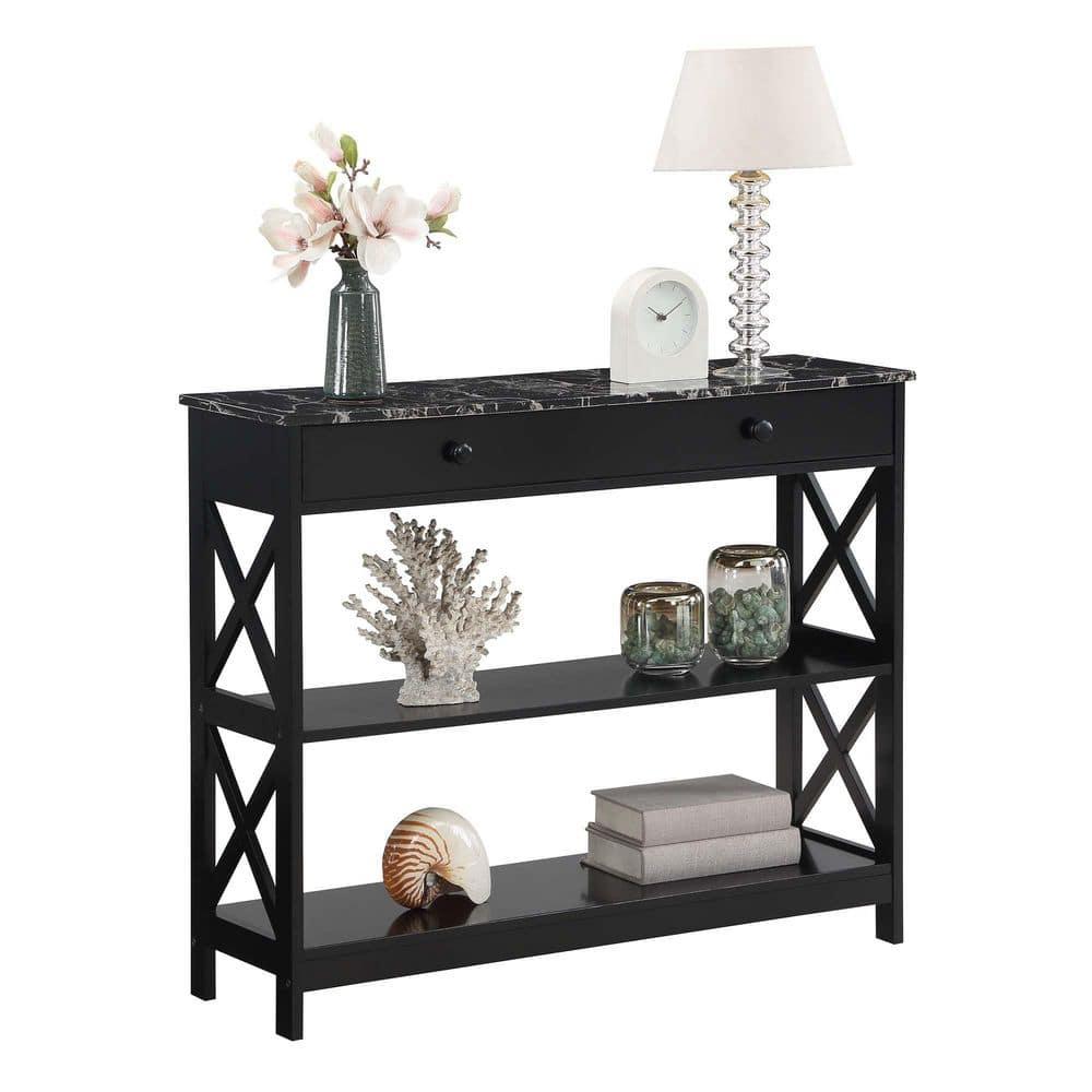 TiaGOC 1 Drawer Console Table with Shelves, Black Faux Marble/Black