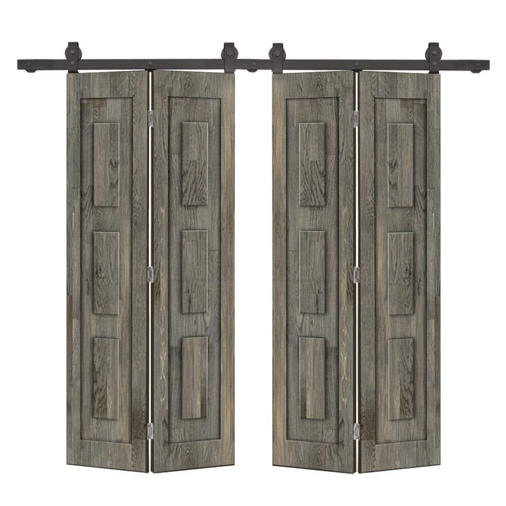 Calhome 3 Panel Shaker Pine Wood Double Bi-Fold Door with Sliding Barn Door Hardware Kit