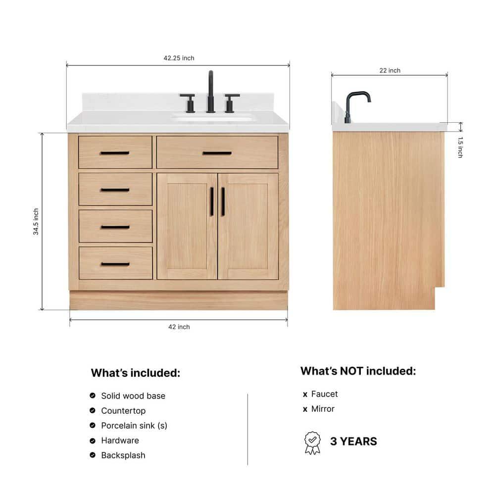 Wildon Home® Tidworth 42'' Solid Wood Single Bathroom Vanity with 1.5'' Carrara Quartz Top, Right Offset Rectangular Sink