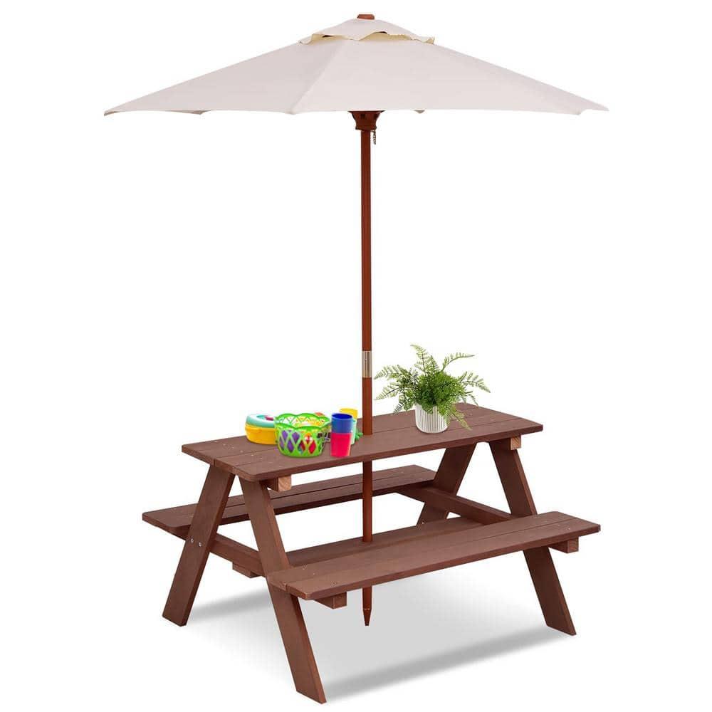 Wooden Outdoor Kids Picnic Table with Umbrella and Bench