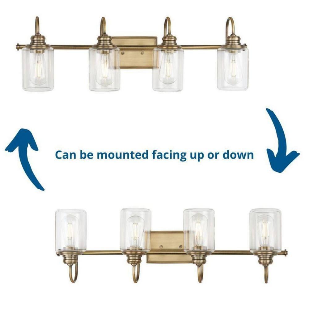 Progress Lighting Aiken 4-Light Bath Vanity Light, Vintage Brass, Clear Glass Shade