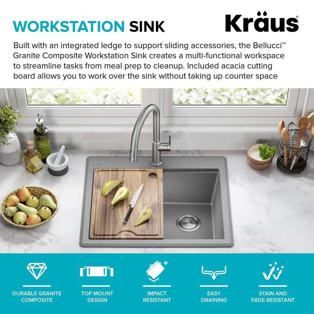 Kraus KGTW12-25MGR KRAUS Bellucci Granite Composite Workstation Drop-In Top Mount Single Bowl Kitchen Sink with Accessories
