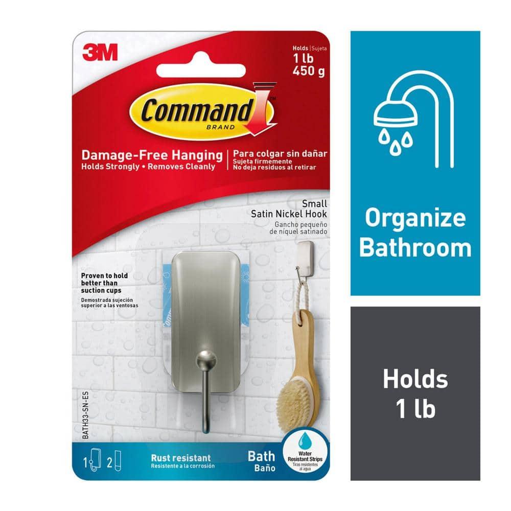 Command Bath Hook, Satin Nickel, 1 Small Hook, 2 Medium Water-Resistant Strips/Pack
