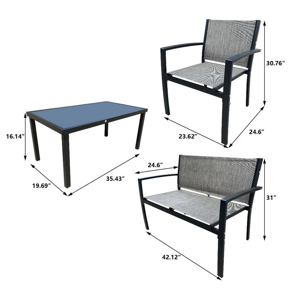 4 Pieces Patio Furniture Set Outdoor Garden Patio Conversation Sets, Poolside Lawn Chairs with Glass Coffee Table Porch Furniture, gRAY