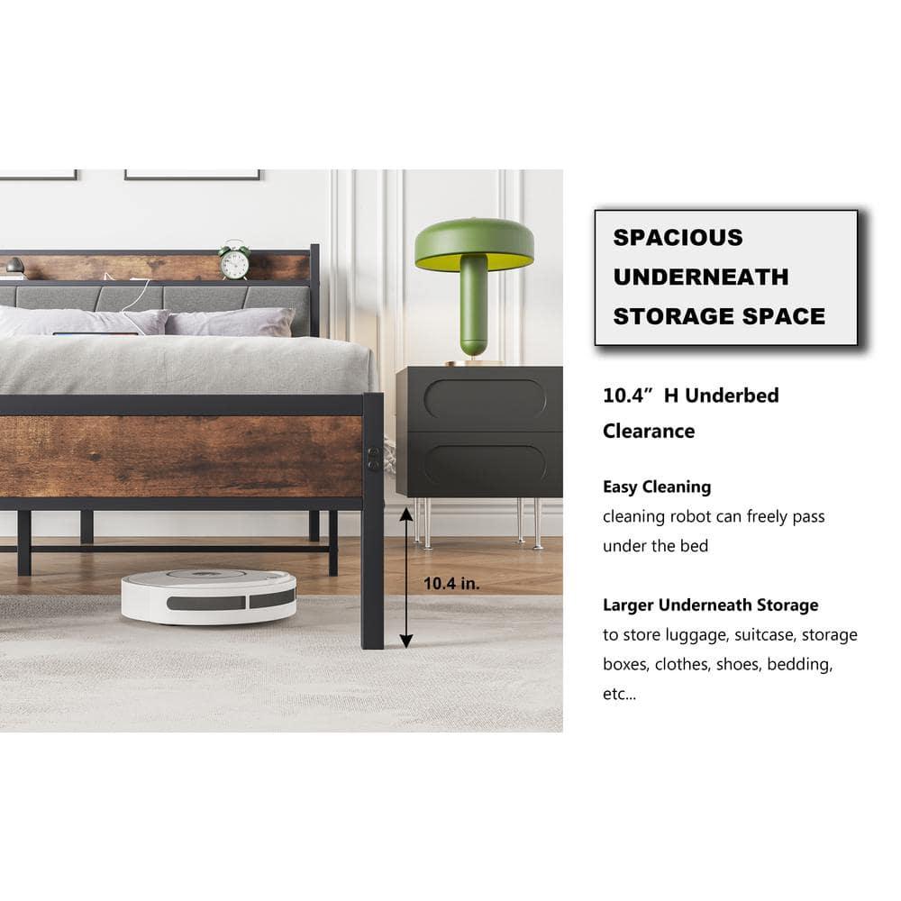 BTMWAY Queen Size Bed Frame for Kids, New Upgraded Metal Queen Platform Bed with Storage Headboard with Charging Station, Bedroom Metal Bed for Teens Adults, Holds 400lbs, No Box Spring Needed, Black