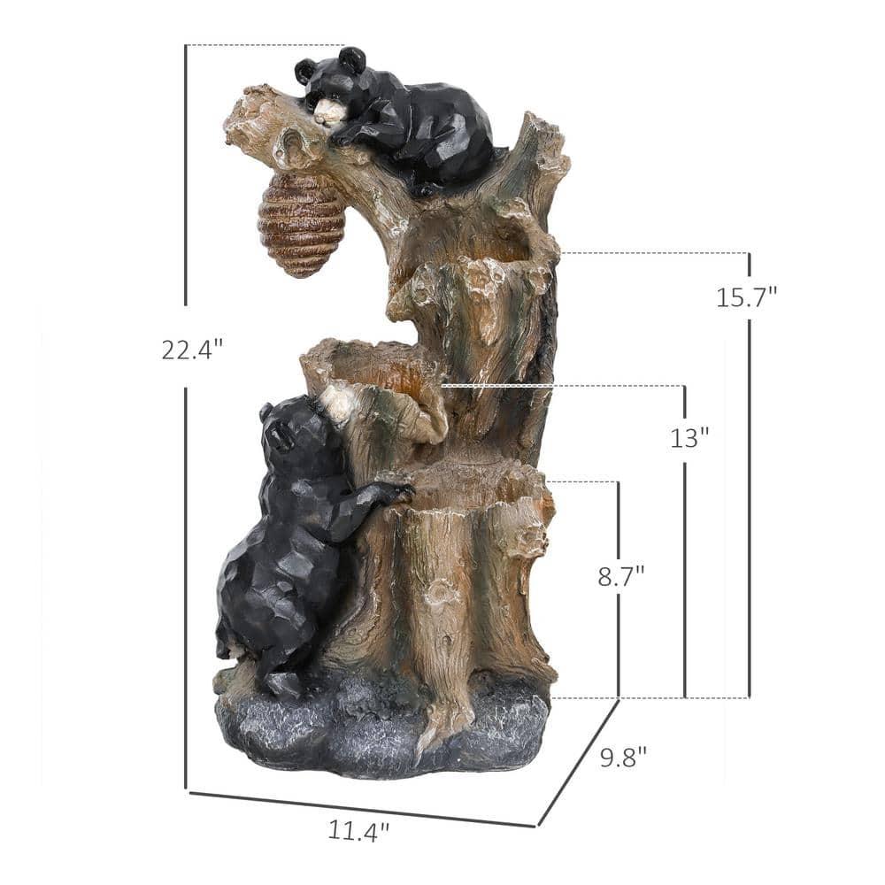 Outsunny 22.4" Outdoor Water Fountain, 3-Tier Floor Standing Resin Bears and Honey Beehive Tree Waterfall Fountain with LED Lights, Pump
