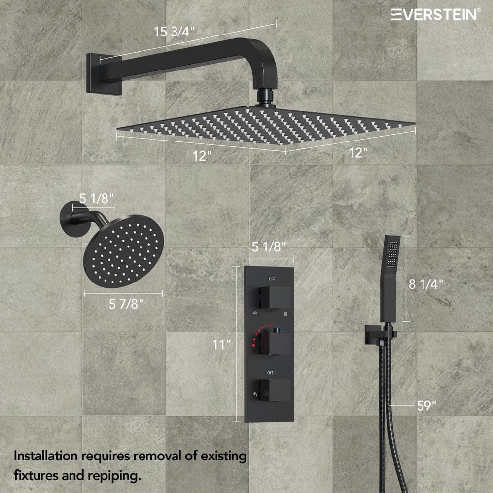Thermostatic Dual Shower System 12" Rainfall Shower Head with Rough-in Valve