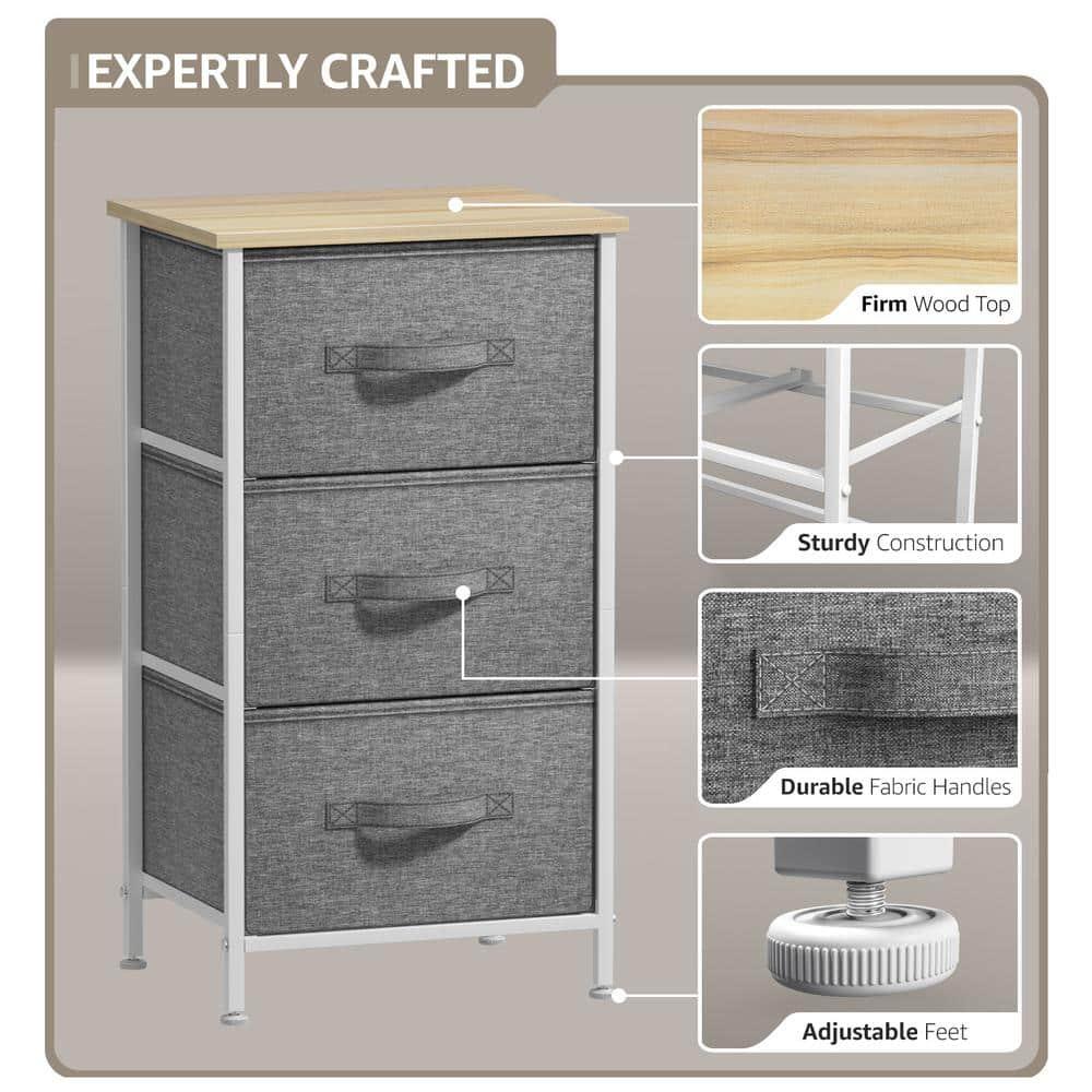 Sorbus Nightstand with 3 Drawers - Steel Frame, Wood Top & Easy Pull Fabric Bins - Perfect for Home, Bedroom, Office & College Dorm
