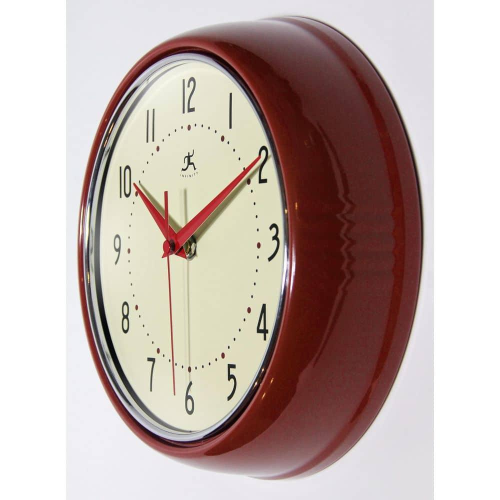 9.5" Retro Metal Wall Clock Red - Infinity Instruments: Indoor Modern Decor, Off-White Face, Round Shape