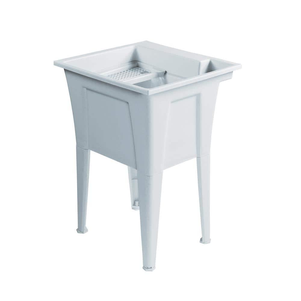 White Stone Freestanding Laundry Sink with Chrome Faucet