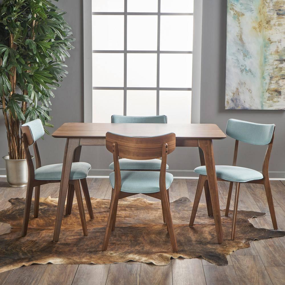 Christopher Knight Home 5pc Megann Mid Century Wood Dining Set Walnut/Mint: Polyester Upholstered Chairs, Rectangular Table
