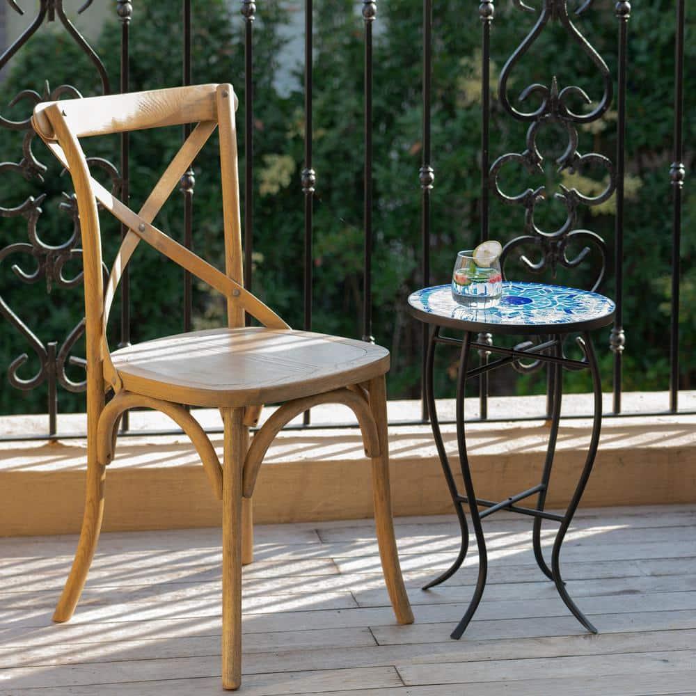 Outdoor Patio Side Table Round Ceramic Tile End Table Blue