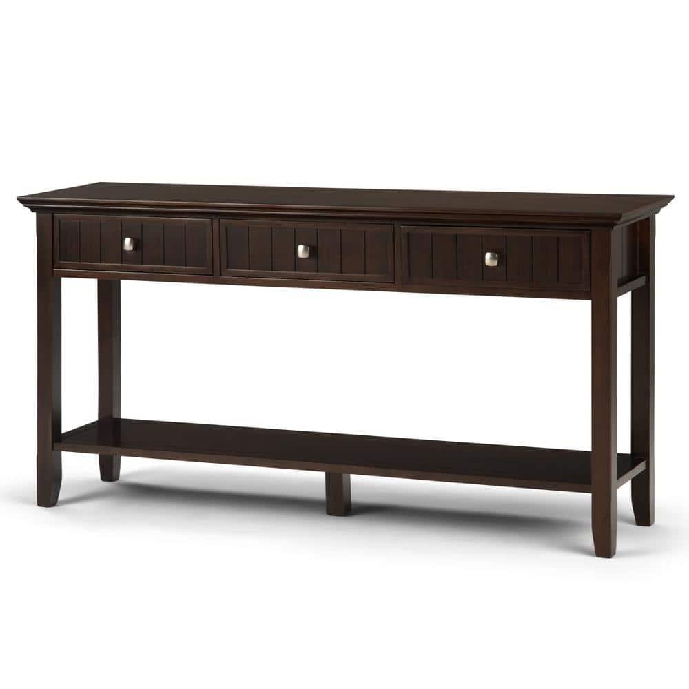 Simpli Home Acadian 60"W Solid Wood Wide Storage Console Table in Brunette Brown with Three Drawers and Open Shelf