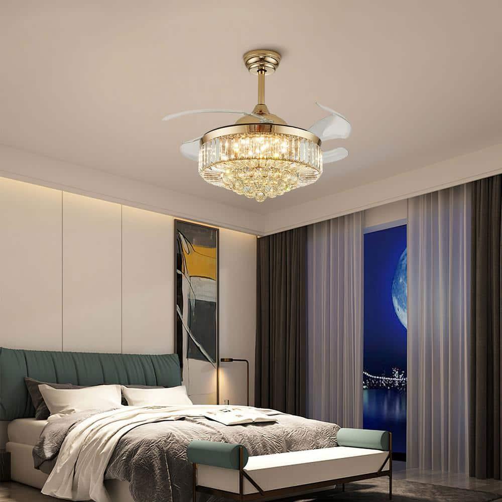 42 in. Indoor Gold Smart Retractable Crystal Ceiling Fan with Adjustable LED Light Included with Remote