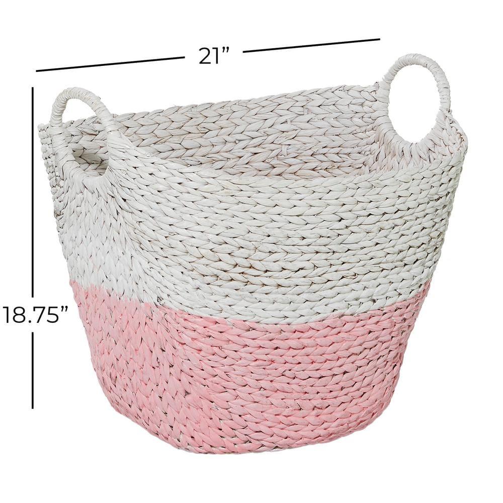 Cosmoliving by Cosmpolitan Seagrass Contemporary Woven Storage Basket 21"W x 19"H, with Daisy White Finish and Half Dipped Pink Accent