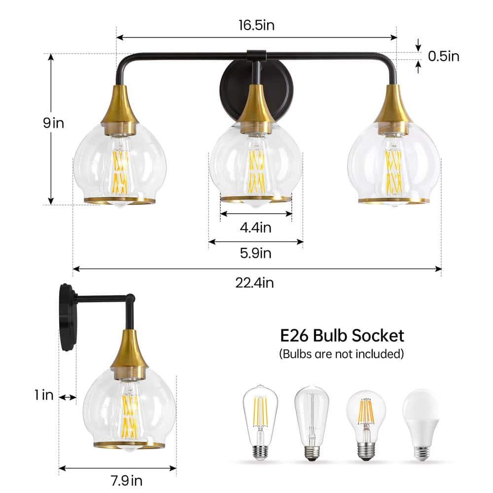 KAISITE 3-Light Black & Gold Dimmable Vanity Light with Clear Glass Shades
