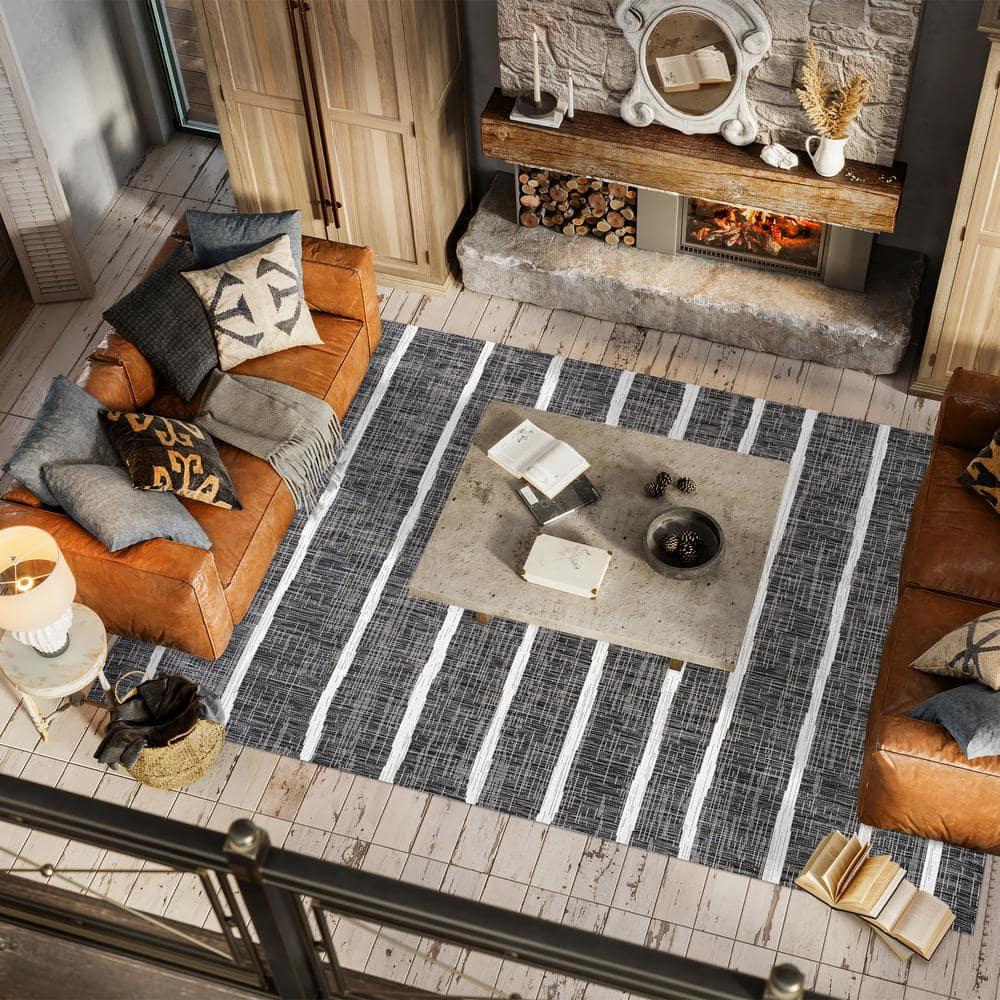 3'x5' Colonia Berber Stripe Indoor/Outdoor Area Rug, Black/Ivory - JONATHAN Y
