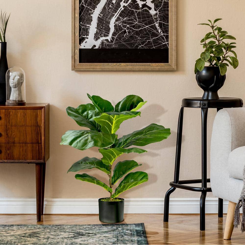 LCG Florals 30" Artificial Fiddle Leaf Fig Bush in Plastic Black Pot
