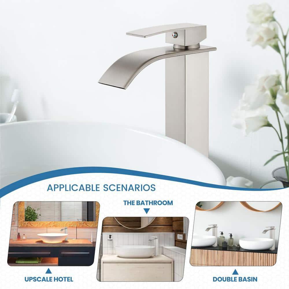 Single Handle Waterfall Vessel Sink Faucet Drain Kit Included and Single Hole in Brushed Nickel