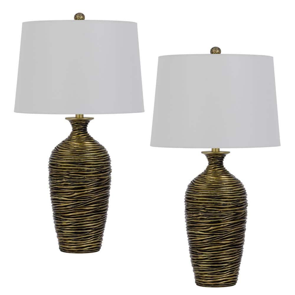150W 3-Way Aurora Resin Table Lamp with Hardback Taper Drum Fabric Shade, Antique Bronze