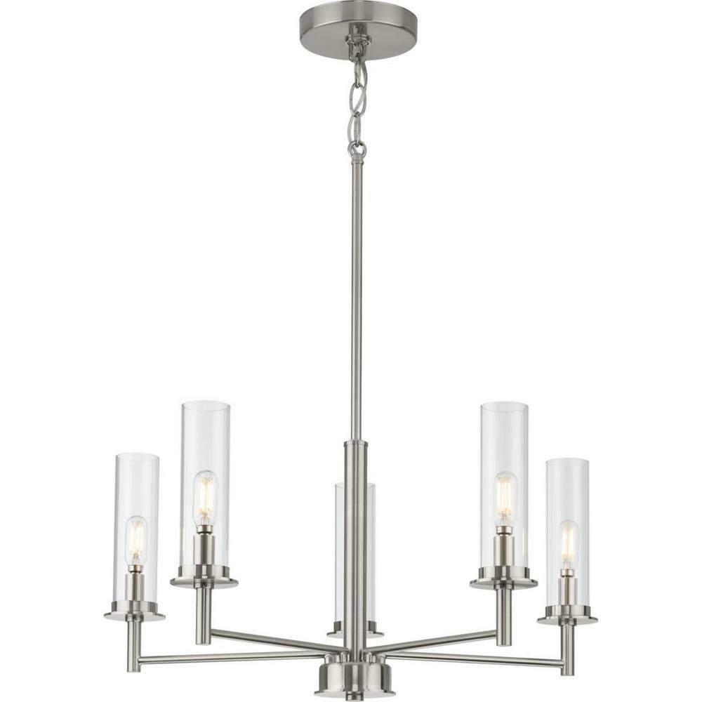 Progress Lighting Kellwyn 5-Light Chandelier, Brushed Nickel, Clear Glass Shade