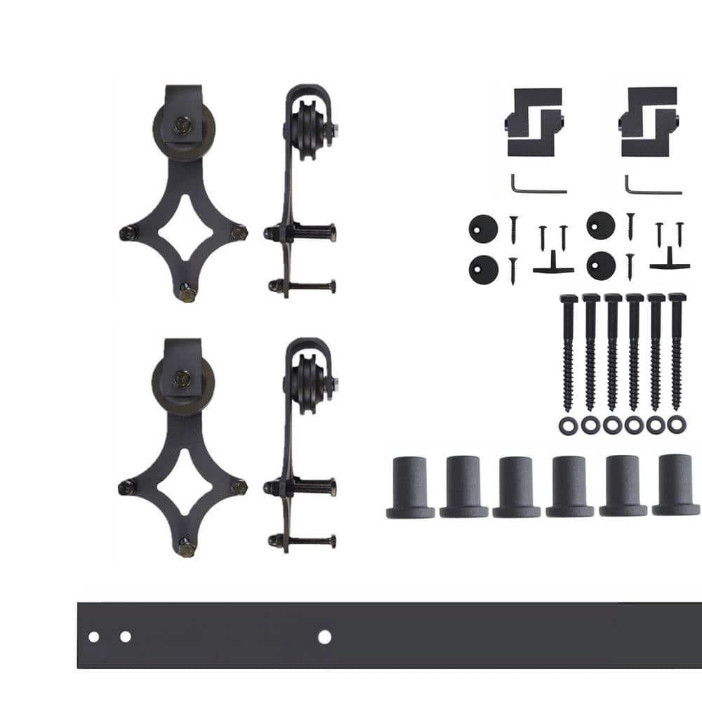 Homacer Black Rustic Sliding Barn Door Hardware Kit, for Two/Double Doors, 8ft Long Flat Track, Diamond Design Roller, Heavy Duty, for Interior & Exterior Use