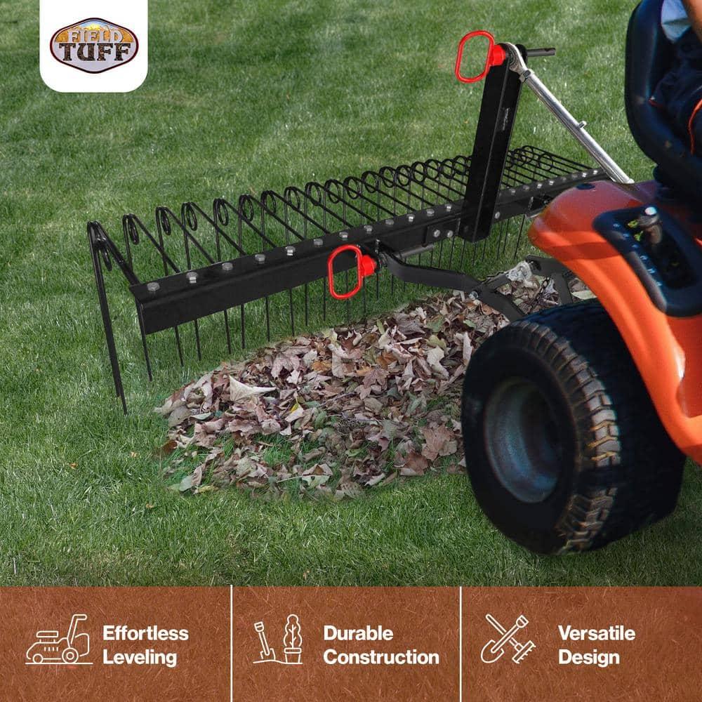 Field Tuff Steel Spring Coil Tine Tow Behind Landscape Rake for Leaves, Pine Needles, Straw, and Grass with 3 Point Hitch Receiver Attachment, Black