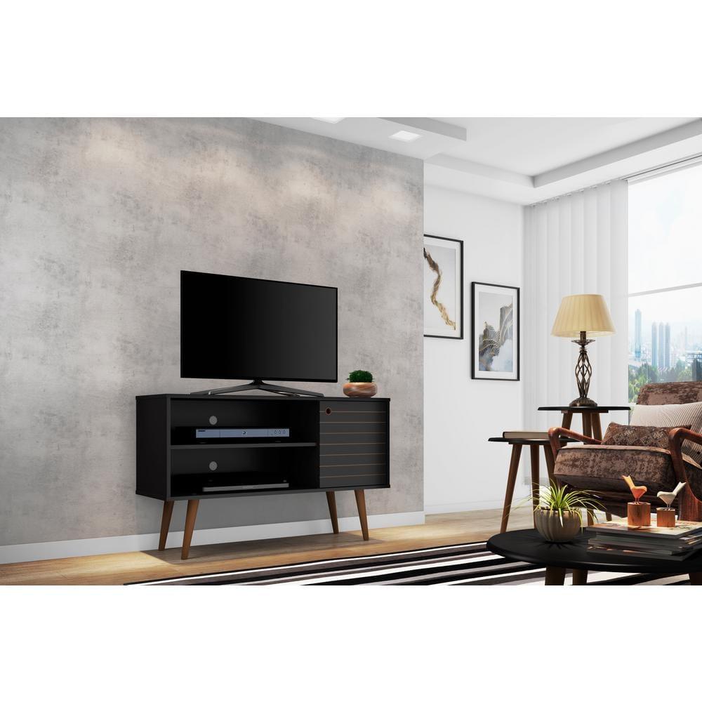 Liberty Mid-Century Modern 2 Shelves and 1 Door TV Stand for TVs up to 46" Black - Manhattan Comfort: Media Storage, Cable Management