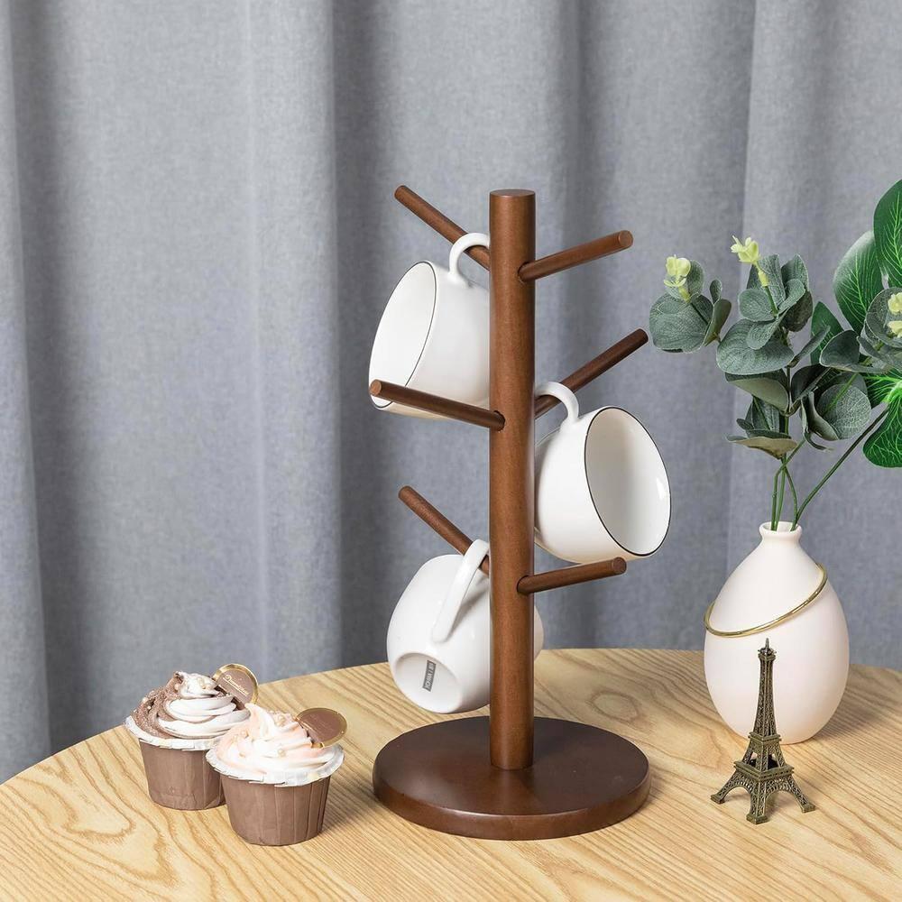 Coffee Mug Rack, Coffee Tree Mug Holders Countertop, Sturdy Wood Coffee Tree Mug Holder Stand with 6 Hooks, Non-Slip Mug Rack for Home Storage and Organizer, Nut-brown