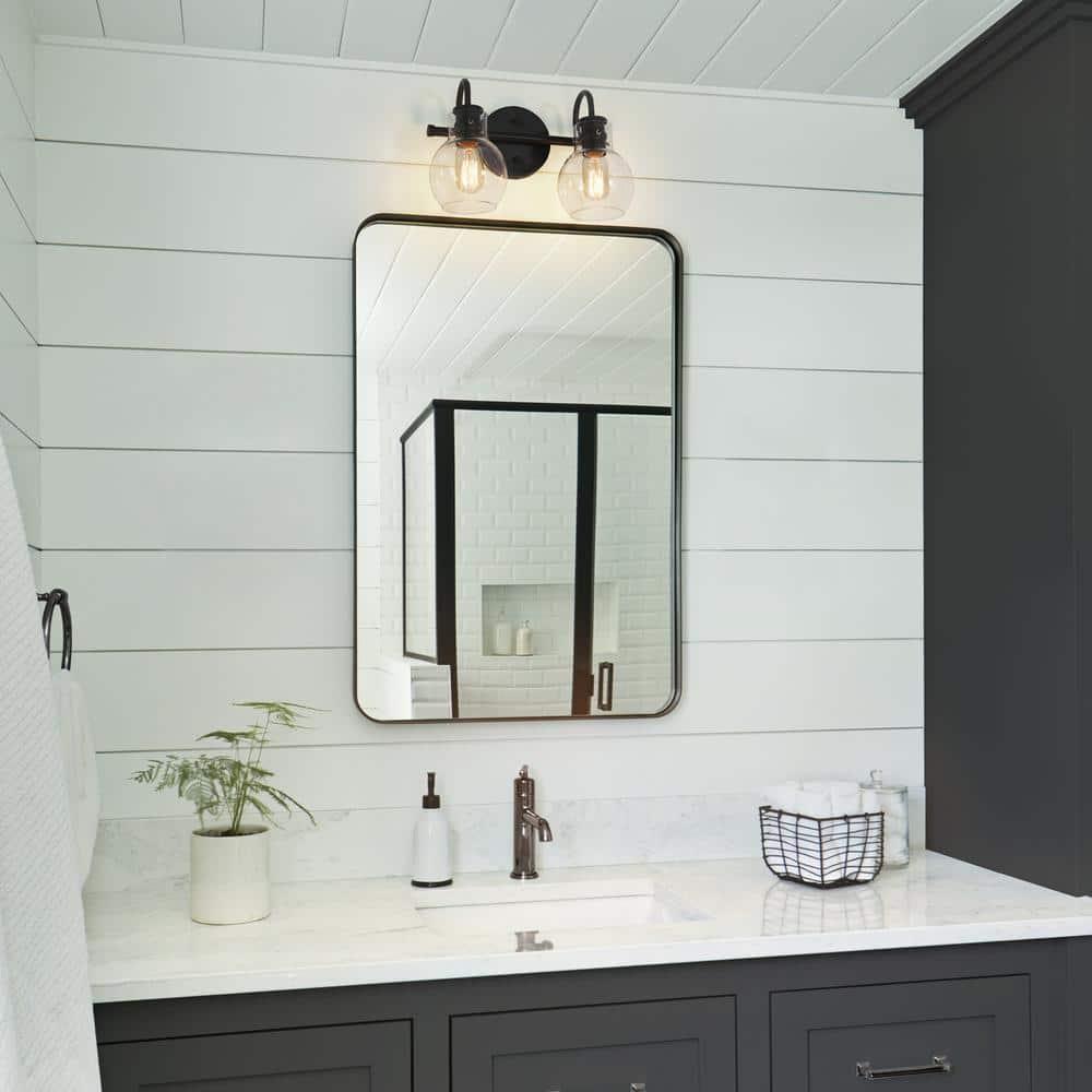 13" Black Metal Vanity Light with Clear Glass Globe Shades