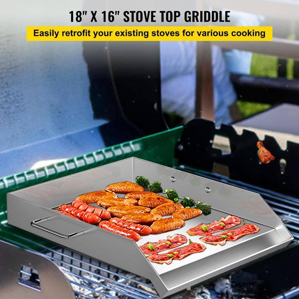 VEVORbrand Stainless Steel Griddle,18" X 16" Universal Flat Top Rectangular Plate, BBQ Charcoal/Gas Grill with 2 Handles and Grease Groove with for Camping, Tailgating and Parties
