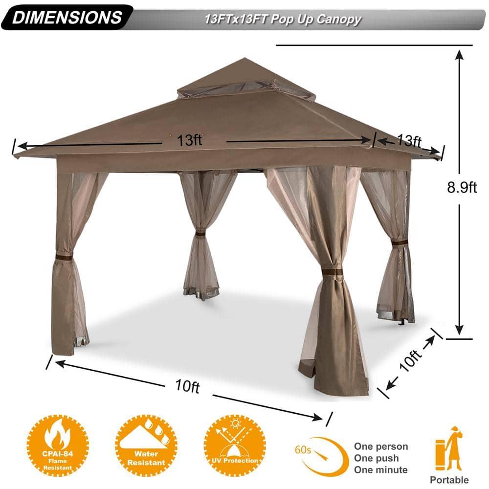 ABCCANOPY 13'x13' Gazebo Tent Outdoor Pop up Gazebo Canopy Shelter with Mosquito Netting, Brown