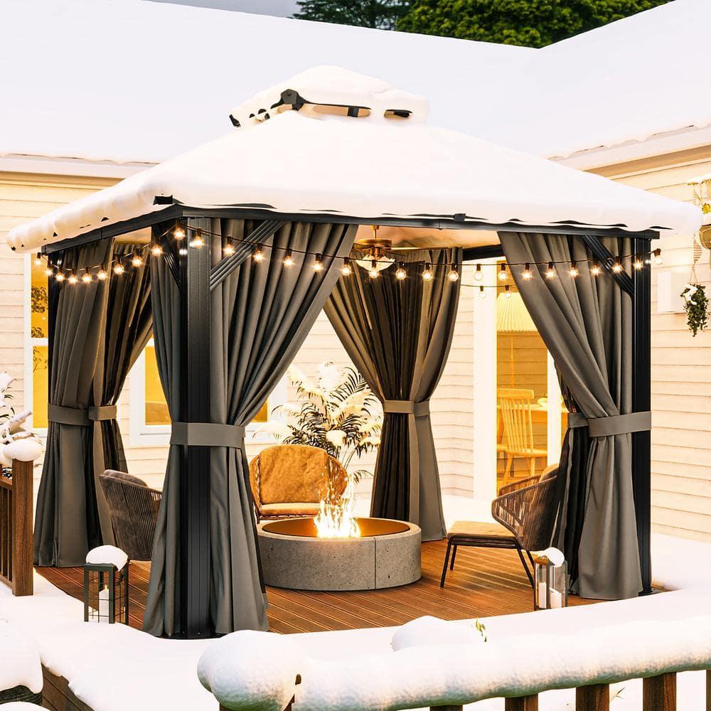 10'x10' Gazebo Outdoor Aluminum Frame Gazebo, Polycarbonate Combined Single Hardtop Roof, Black
