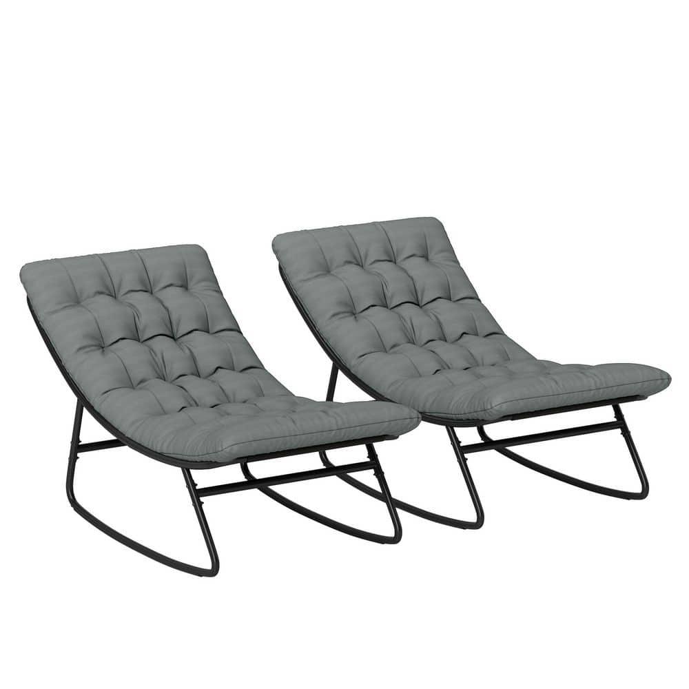 Outsunny 2 Pieces Outdoor Rocking Chairs with Thick Cushions, Outdoor Patio Rocker Set with Mesh Deep Seats, Steel Frame for Indoor, Porch, Dark Gray