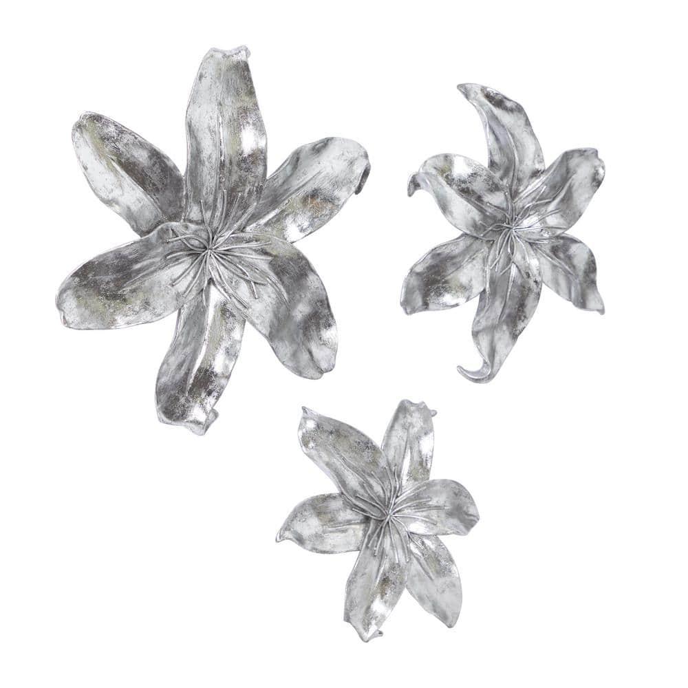 DecMode Silver Polystone 3D Floral Wall Decor (3 Count)