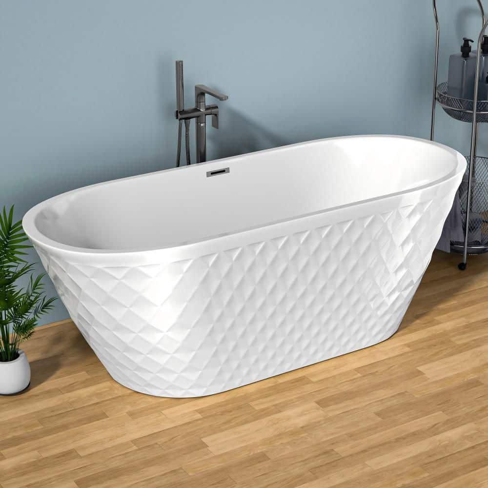 Aguamaph 67" x 31" Acrylic Freestanding Bathtub with Diamond Wave Pattern with Chrome Drain & Overflow T7052886731CW