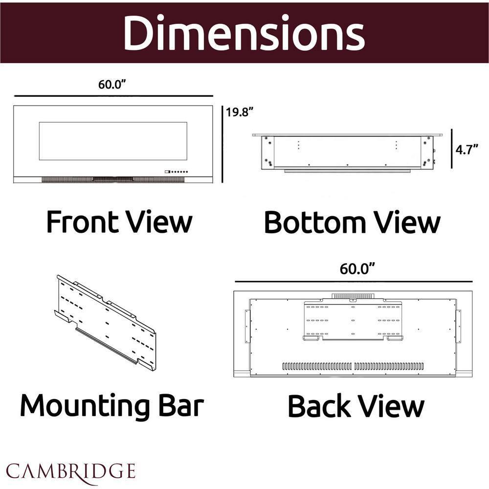 Cambridge Cambridge Wall Mount Electric Fireplace Heater with Remote Control for Indoor Use in Living Room, Bedroom, Home Office