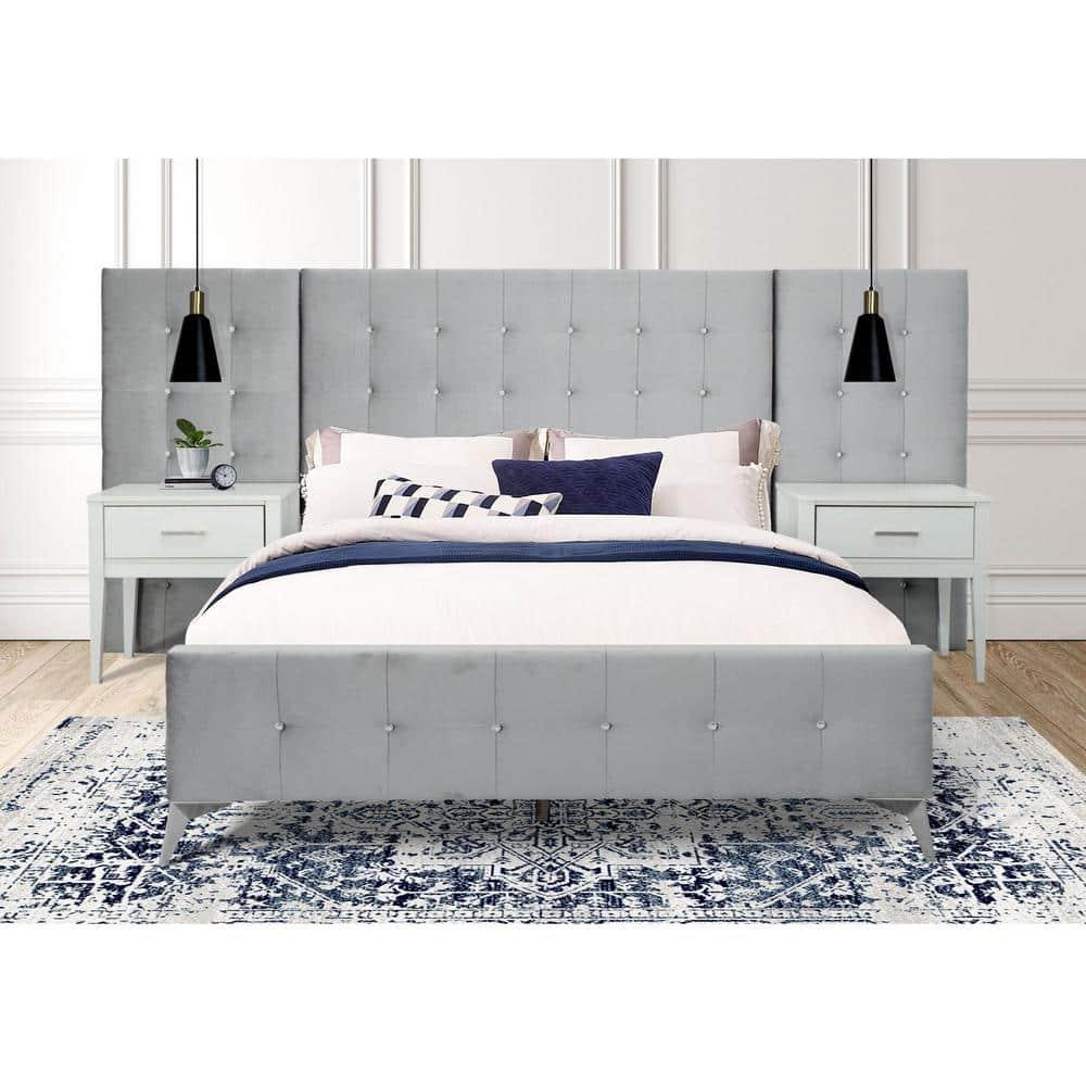 Picket House Furnishings 133"W Wood King Bed with 2 Nightstands in Silver Grey