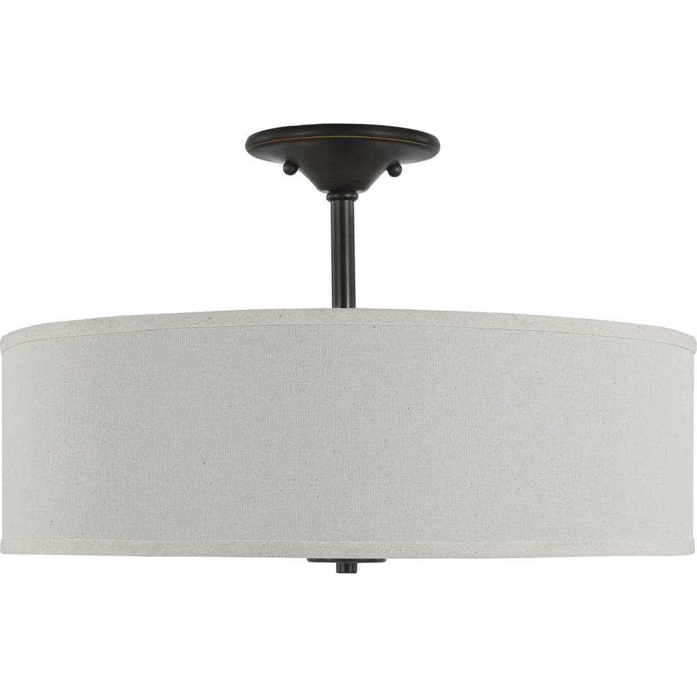 Progress Lighting, Inspire Collection, 3-Light Semi-Flush Mount, Antique Bronze, Off-White Linen Shade