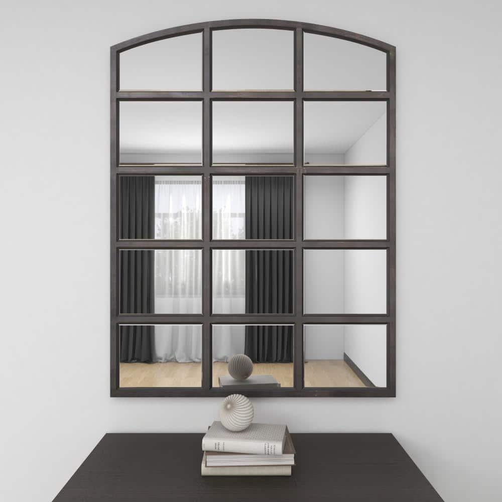 DecMode Geometric Window Pane Arch Wall Mirror, 36" W x 48"H, Dark Brown Finish
