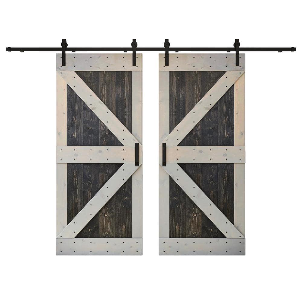Paneled Wood K Series Double Barn Door with Installation Hardware Kit