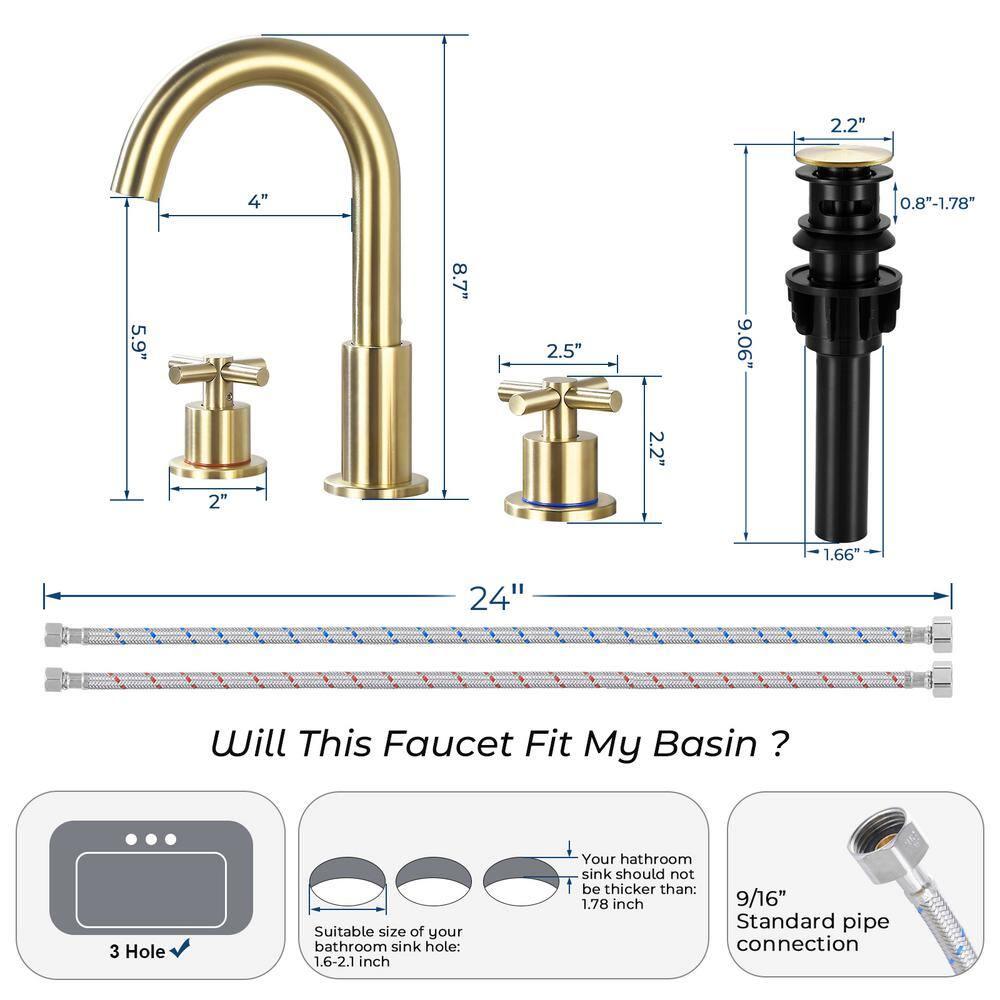 GXCROR Bathroom Faucets for Sink 3 Hole,2-Handle 8 inch Widespread Bathroom Sink Faucet with Pop Up Drain, Brushed Gold Basin Faucet Mixer Taps