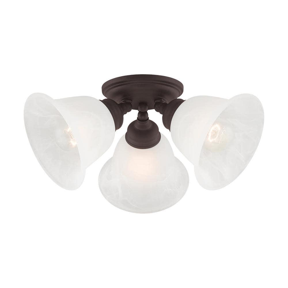 3 Light Bronze Ceiling Light fixture with White Alabaster Glass Shade